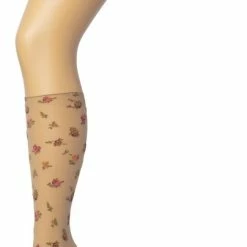 Bonnie Doon Dames Panty Kniekousen Met Bloemen Rood/Roze Maat 36/42 - Gebloemde Knie Kousen - Luxe Knie Sokken - Uitstekend Draagcomfort - English Flower Knee High - Kniesokken - Romantisch - Zakt Niet Af - Bordeaux - BP211502