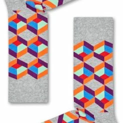 Happy Socks Sokken - Optic Square Sock Grijs Met Kleur - Unisex - Maat: 36-40