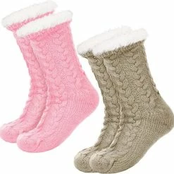 JAXY Huissokken - Huissokken Dames En Heren - Verwarmde Sokken - Anti Slip Sokken - Fleece Sokken - Dikke Sokken - Fluffy Sokken - Slofsokken - Warme Sokken - Bedsokken - Gevoerde Sokken - Winter Sokken - 2 Paar - Roze + Beige