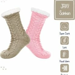 JAXY Huissokken - Huissokken Dames En Heren - Verwarmde Sokken - Anti Slip Sokken - Fleece Sokken - Dikke Sokken - Fluffy Sokken - Slofsokken - Warme Sokken - Bedsokken - Gevoerde Sokken - Winter Sokken - 2 Paar - Roze + Beige -Beenmode Verkoop 550x565 3