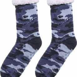 JAXY - Huissokken Dames - Verwarmde Sokken - Anti Slip Sokken - Huissokken - Bedsokken - Warme Sokken - Kerstcadeau Voor Vrouwen - Thermosokken - Dikke Sokken - Fluffy Sokken - Kerstsokken Dames En Heren - Camouflage Blauw