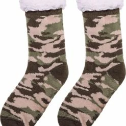 JAXY - Huissokken Dames - Verwarmde Sokken - Anti Slip Sokken - Huissokken - Bedsokken - Warme Sokken - Kerstcadeau Voor Vrouwen - Thermosokken - Dikke Sokken - Fluffy Sokken - Kerstsokken Dames En Heren - Camouflage Groen