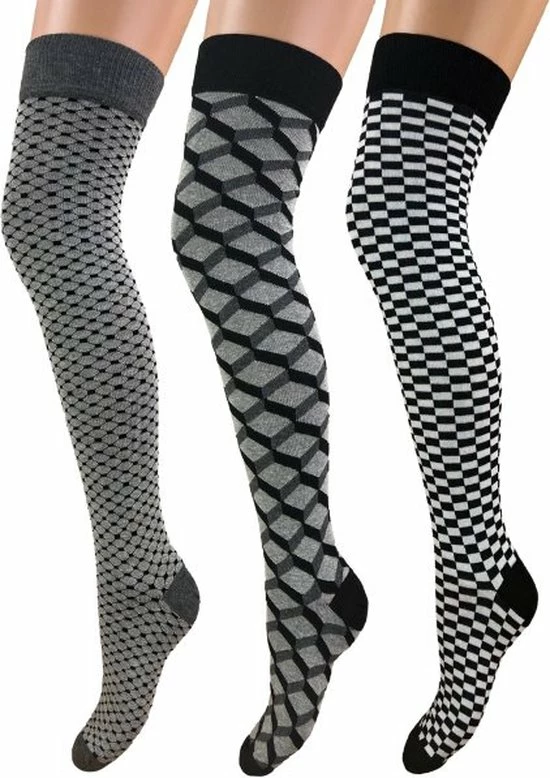 SQOTTON 3 Paar Overknee Kousen - Grafisch - Zwart/Grijs/Wit 3 SQOTTON 3 Paar Overknee Kousen - Grafisch - Zwart/Grijs/Wit